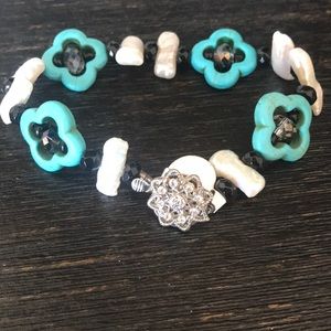 Pearl Turquoise Flower and Black Bracelet